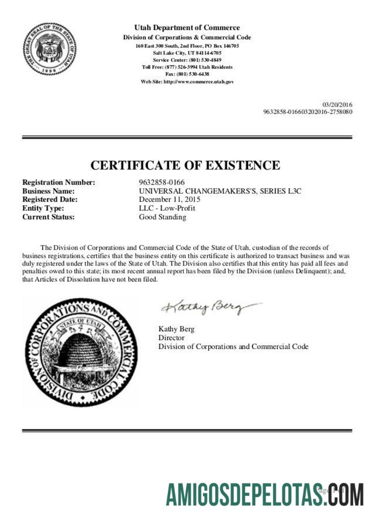 Modelo de certificado de regularidade dos EUA Utah